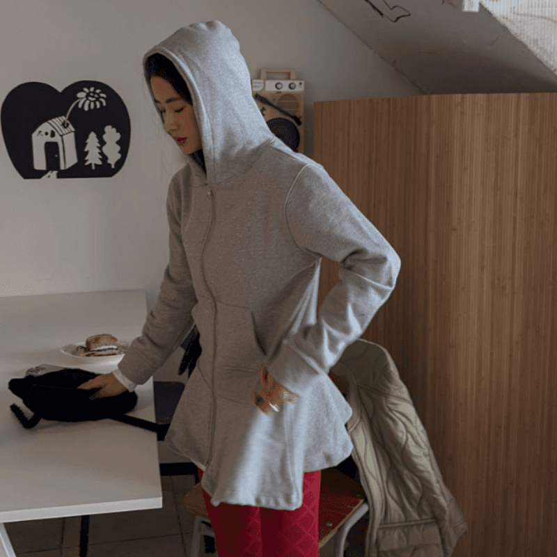 있음 선적 단색 후드 치마 더블 지퍼 중간 길이 후드티 재킷 이미지 2