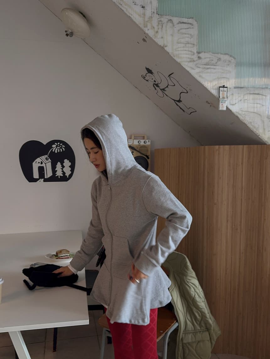 있음 선적 단색 후드 치마 더블 지퍼 중간 길이 후드티 재킷 상세 이미지 1