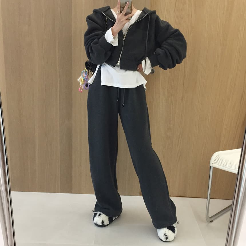 있음 선적 플리스 후드 더블 오픈 지퍼 후드티 맨위 털이 있고 두꺼운 모피 와이드 레그 팬츠 두 조각 여성 세트 상세 이미지 17