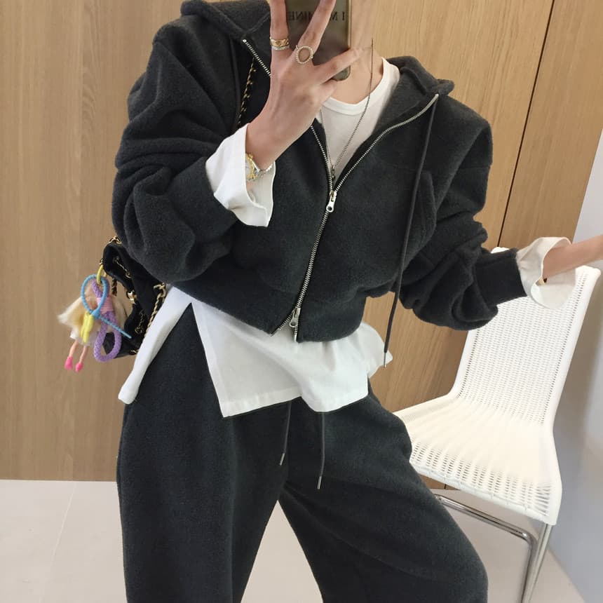 있음 선적 플리스 후드 더블 오픈 지퍼 후드티 맨위 털이 있고 두꺼운 모피 와이드 레그 팬츠 두 조각 여성 세트 상세 이미지 23
