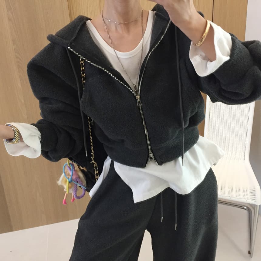 있음 선적 플리스 후드 더블 오픈 지퍼 후드티 맨위 털이 있고 두꺼운 모피 와이드 레그 팬츠 두 조각 여성 세트 상세 이미지 25