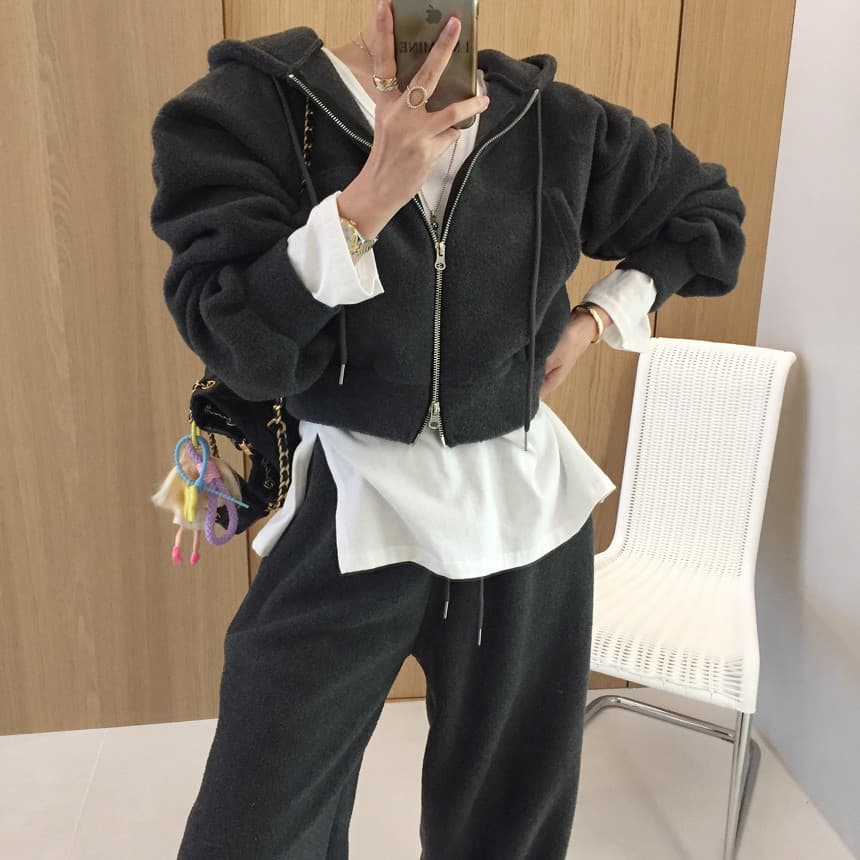 있음 선적 플리스 후드 더블 오픈 지퍼 후드티 맨위 털이 있고 두꺼운 모피 와이드 레그 팬츠 두 조각 여성 세트 상세 이미지 26