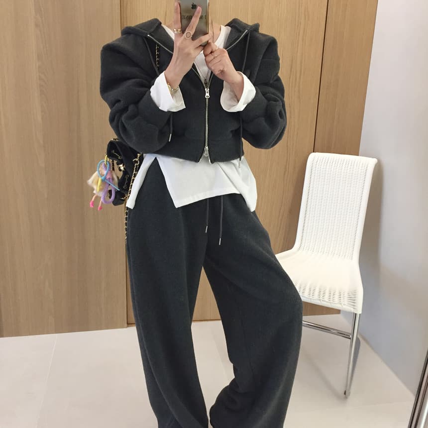 있음 선적 플리스 후드 더블 오픈 지퍼 후드티 맨위 털이 있고 두꺼운 모피 와이드 레그 팬츠 두 조각 여성 세트 상세 이미지 29