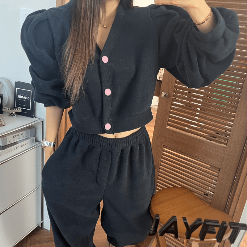 있음 선적 플리스 플리스 거품 소매 오픈 가디건 맨위 허리밴드 플리스 조거 긴 바지 세트 2 세트 이미지 4