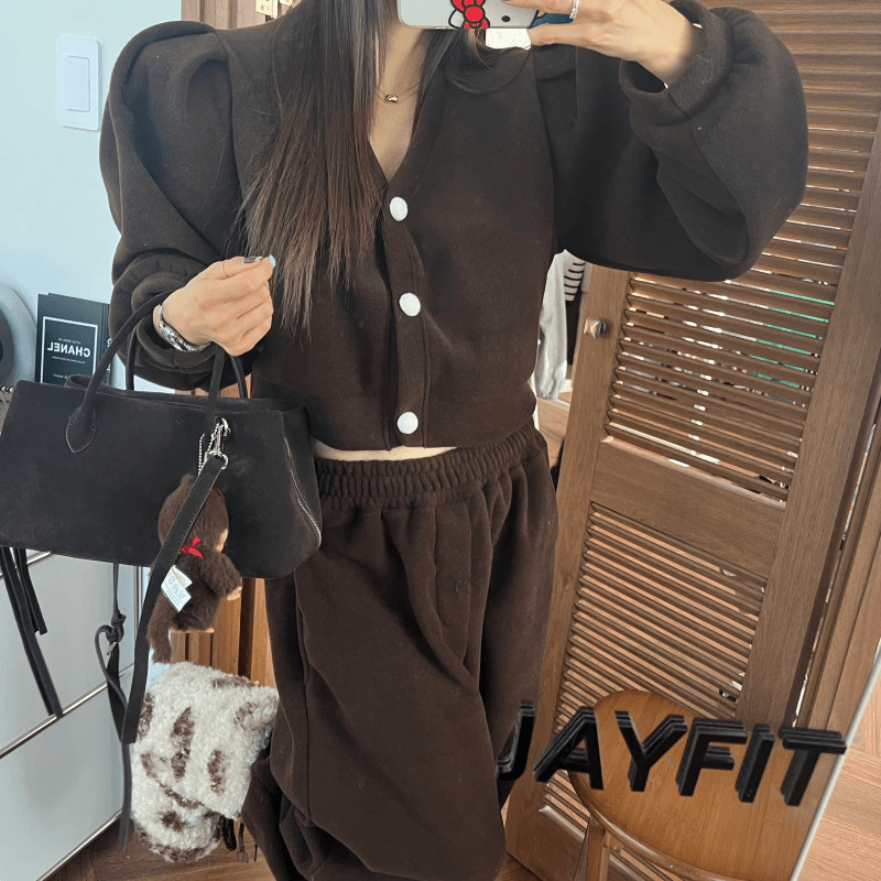 있음 선적 플리스 플리스 거품 소매 오픈 가디건 맨위 허리밴드 플리스 조거 긴 바지 세트 2 세트 이미지 2