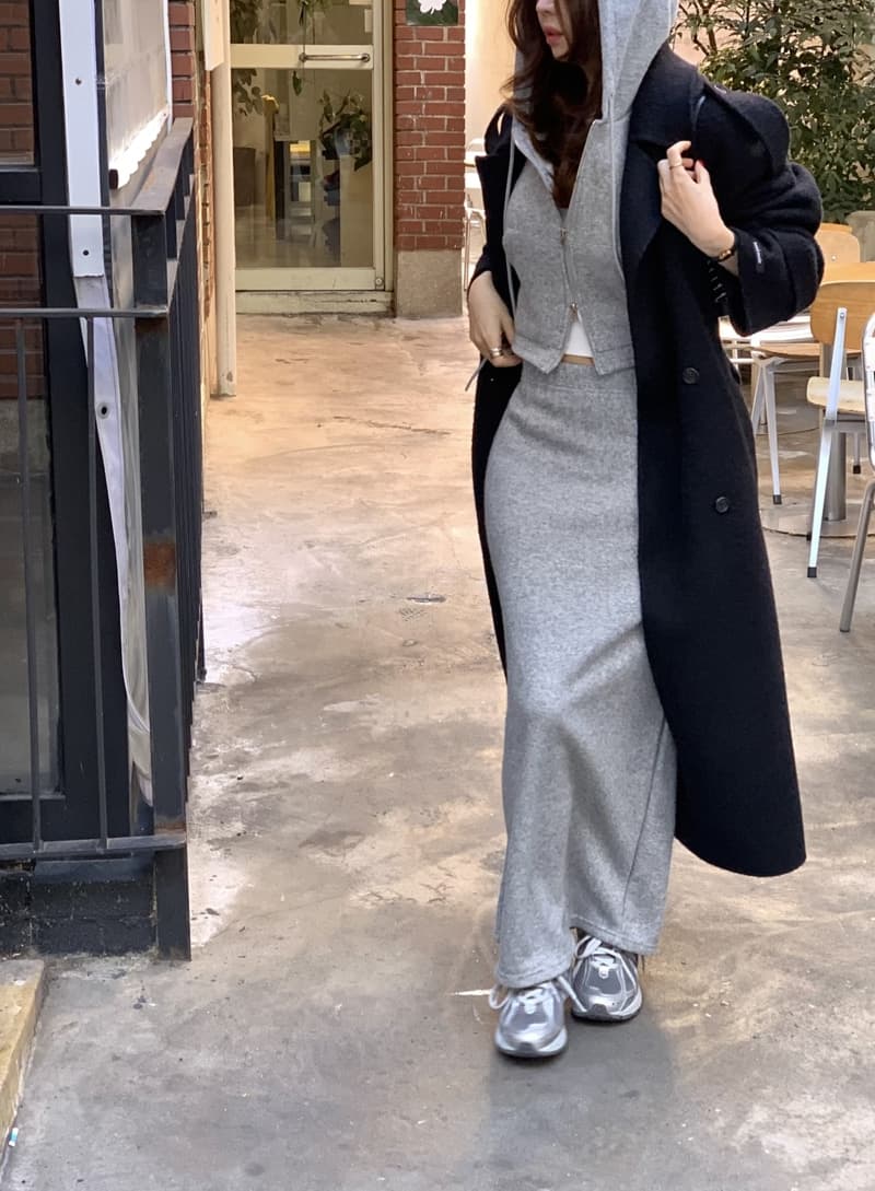 있음 선적 느긋한 바람 후드 더블 지퍼 후드티 맨위 허리밴드 트임 반신 스커트 투피스 세트 상세 이미지 24