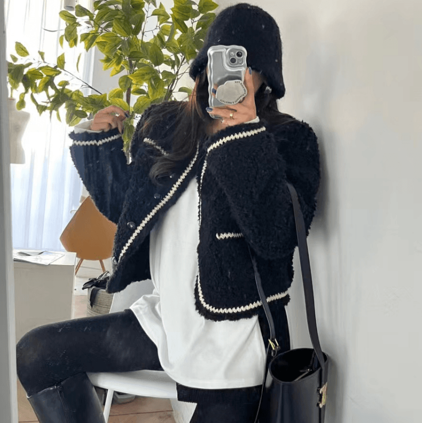 있음 선적 chic 작은 샤넬 스타일 레이스 패치워크 색상 모피 피모 하나 플리스 플러시 여성 코트 이미지 2