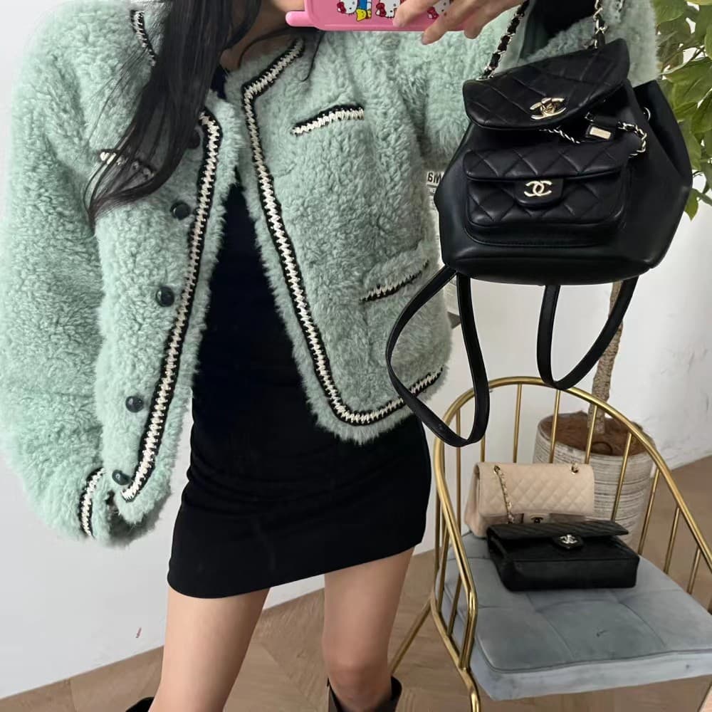 있음 선적 chic 작은 샤넬 스타일 레이스 패치워크 색상 모피 피모 하나 플리스 플러시 여성 코트 상세 이미지 1