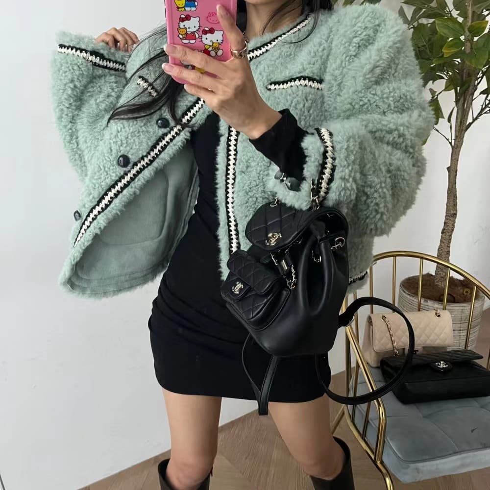있음 선적 chic 작은 샤넬 스타일 레이스 패치워크 색상 모피 피모 하나 플리스 플러시 여성 코트 상세 이미지 2