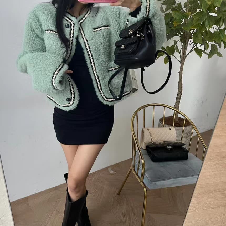 있음 선적 chic 작은 샤넬 스타일 레이스 패치워크 색상 모피 피모 하나 플리스 플러시 여성 코트 상세 이미지 4