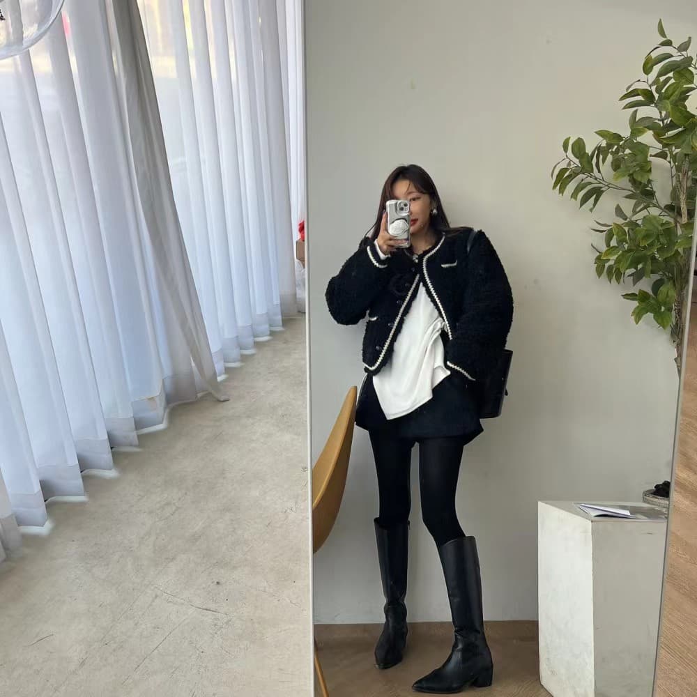 있음 선적 chic 작은 샤넬 스타일 레이스 패치워크 색상 모피 피모 하나 플리스 플러시 여성 코트 상세 이미지 7
