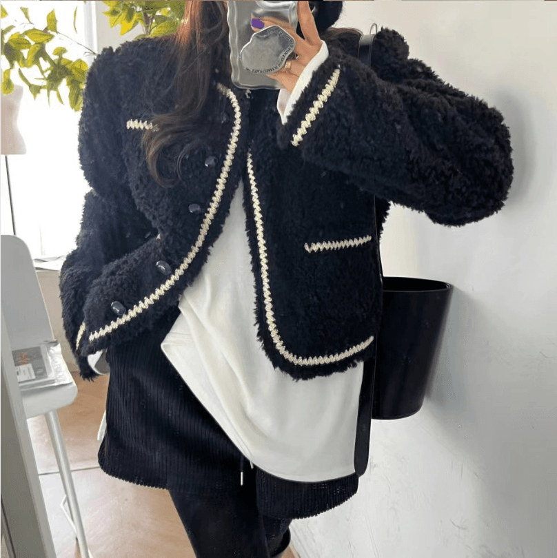 있음 선적 chic 작은 샤넬 스타일 레이스 패치워크 색상 모피 피모 하나 플리스 플러시 여성 코트 상세 이미지 14