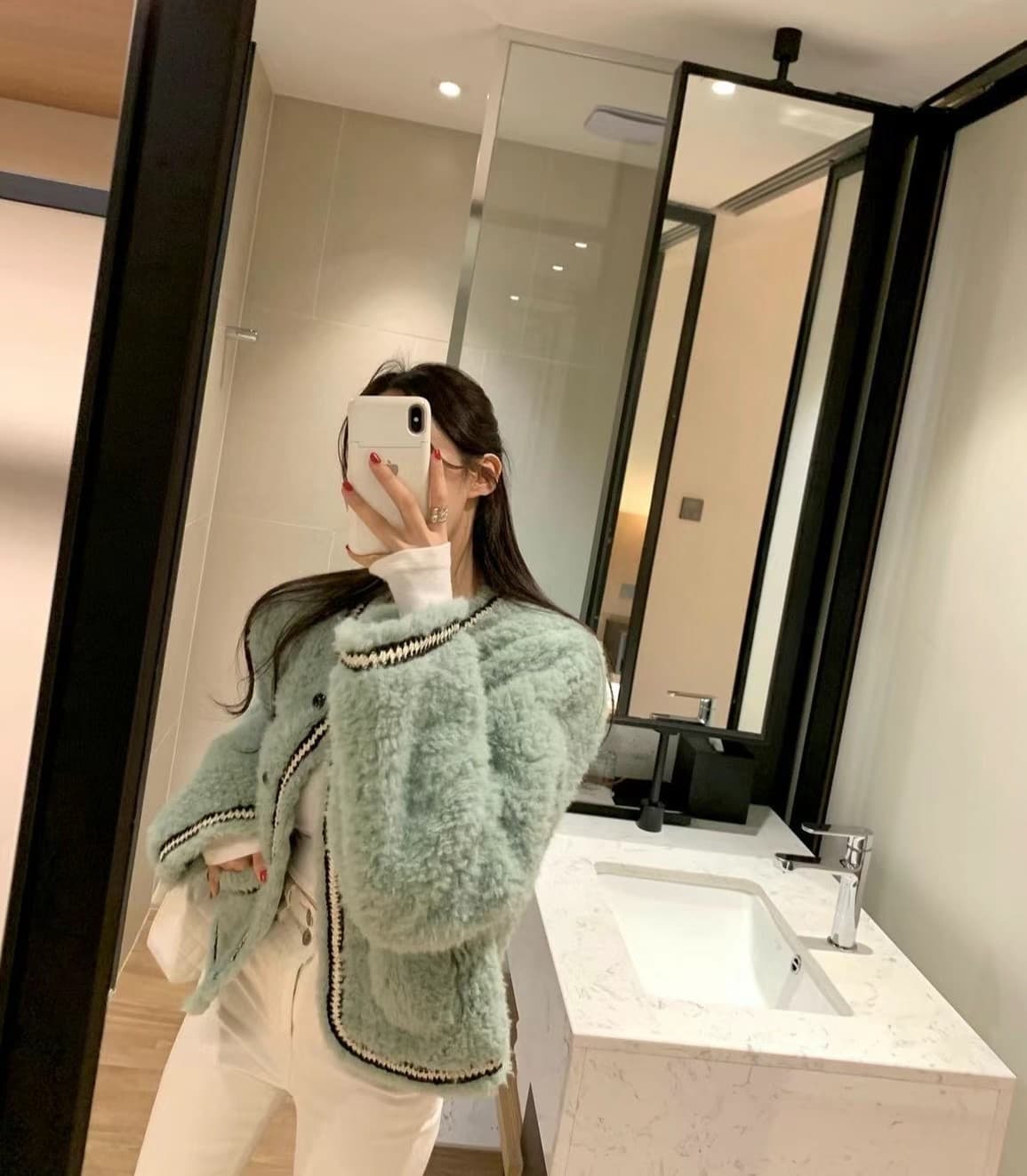 있음 선적 chic 작은 샤넬 스타일 레이스 패치워크 색상 모피 피모 하나 플리스 플러시 여성 코트 상세 이미지 20