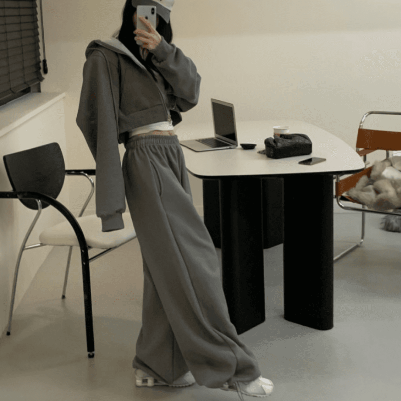 있음 선적 ins 인터넷 유명인 착용 가져 가라. 전체 집합 털이 있는 후드 지퍼 재킷 캐주얼 와이드 레그 팬츠 투피스 세트 이미지 4
