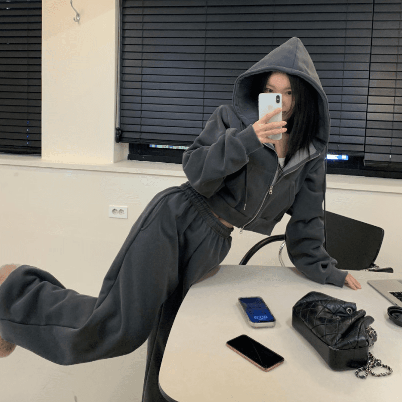 있음 선적 ins 인터넷 유명인 착용 가져 가라. 전체 집합 털이 있는 후드 지퍼 재킷 캐주얼 와이드 레그 팬츠 투피스 세트 이미지 5