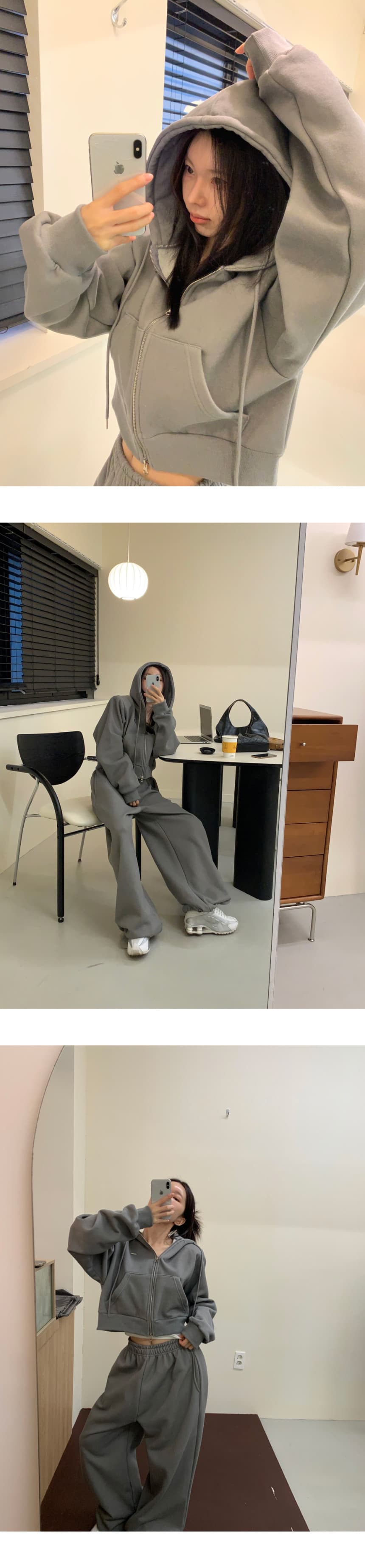 있음 선적 ins 인터넷 유명인 착용 가져 가라. 전체 집합 털이 있는 후드 지퍼 재킷 캐주얼 와이드 레그 팬츠 투피스 세트 상세 이미지 2