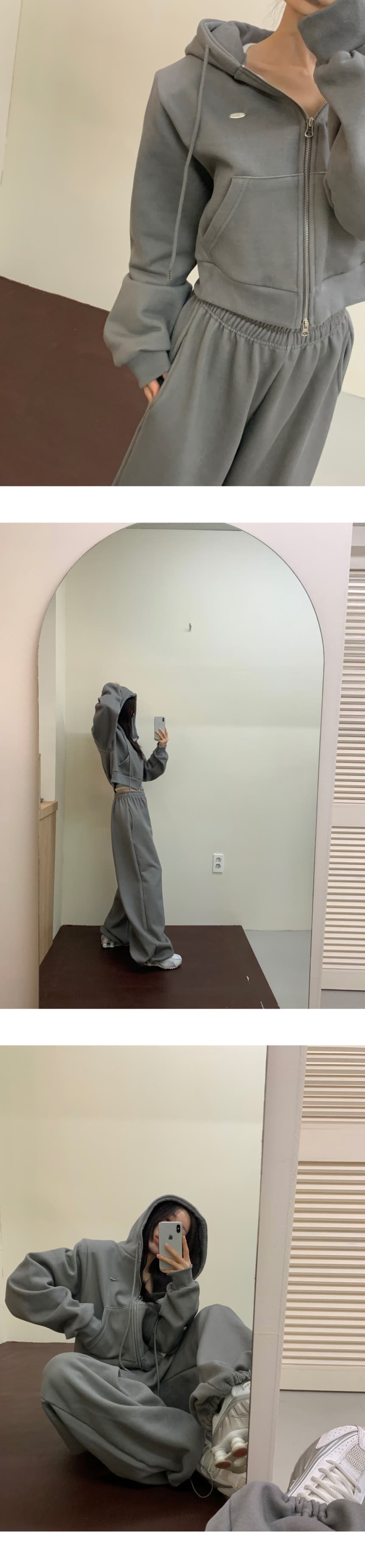 있음 선적 ins 인터넷 유명인 착용 가져 가라. 전체 집합 털이 있는 후드 지퍼 재킷 캐주얼 와이드 레그 팬츠 투피스 세트 상세 이미지 3