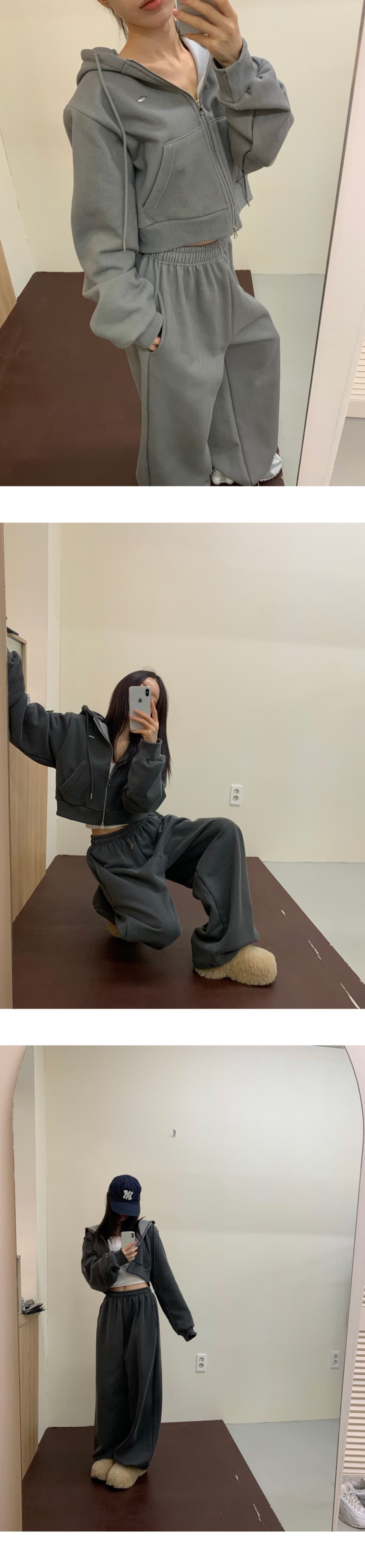 있음 선적 ins 인터넷 유명인 착용 가져 가라. 전체 집합 털이 있는 후드 지퍼 재킷 캐주얼 와이드 레그 팬츠 투피스 세트 상세 이미지 7