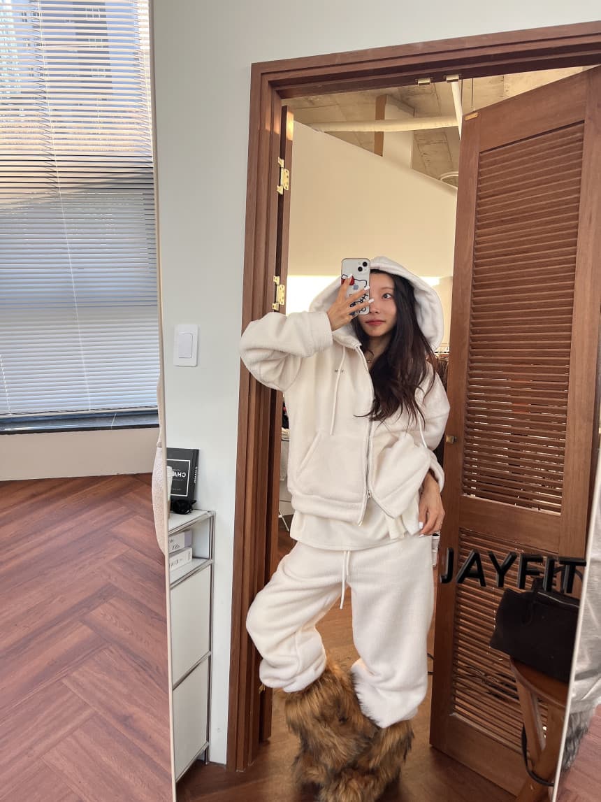 있음 선적 한국 스타일 플리스 두꺼운 후드 지퍼 캐주얼 재킷 바지 투피스 세트 상세 이미지 14