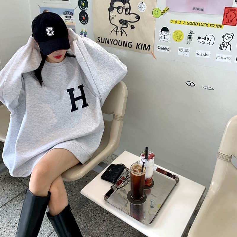 있음 선적 자수 알파벳 연령 감소 후드티 드레스 이미지 3