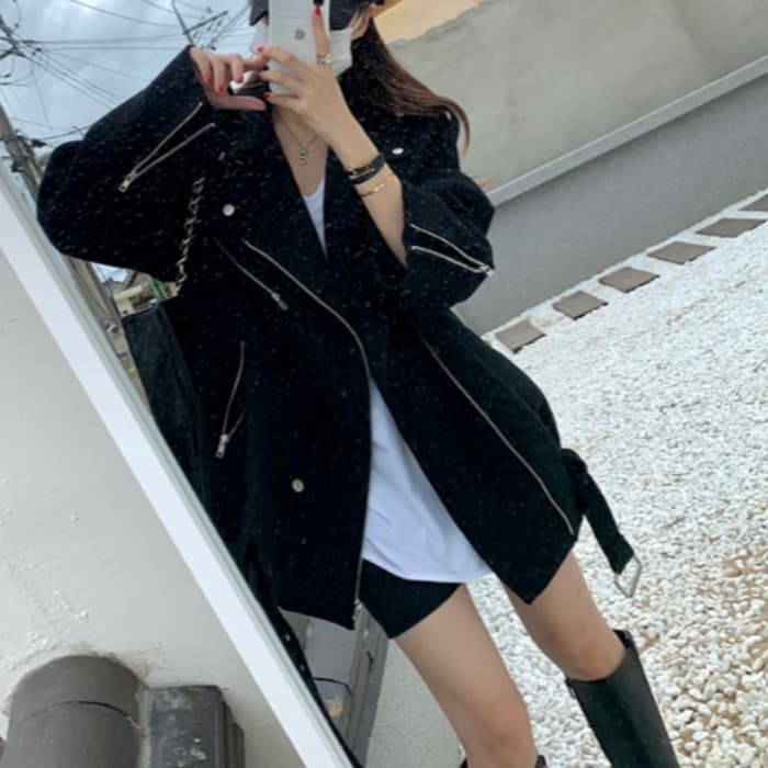 있음 선적 새로운 지퍼 폴로 칼라 오토바이 모직 외투 이미지 3