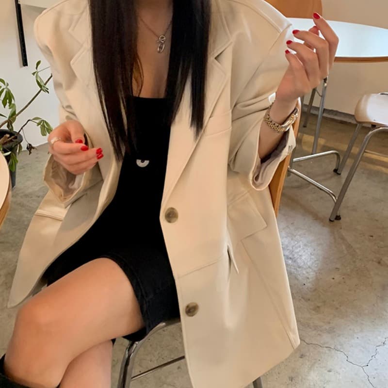 있음 선적 개성 PU 가죽 정장 칼라 롱 코트 가죽 재킷 재킷
