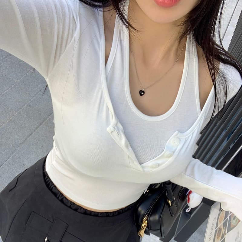 있음 선적 슬림해 보이는 몸매 가꾸기 단색 행침 목 부서 버클 긴팔 슬림해 보이는 티셔츠