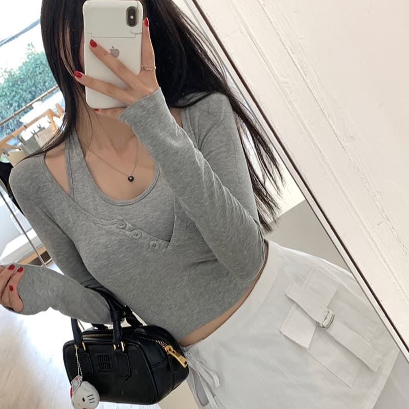 있음 선적 슬림해 보이는 몸매 가꾸기 단색 행침 목 부서 버클 긴팔 슬림해 보이는 티셔츠 이미지 2