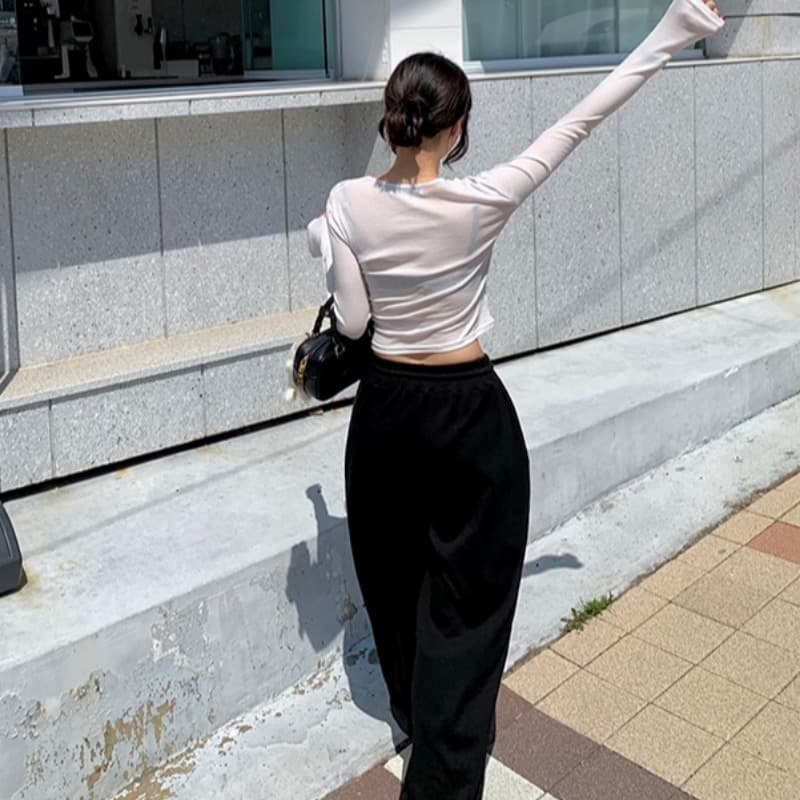 있음 선적 비틀림 페이크 레이어드 리브 몸매 가꾸기 긴팔 기본 셔츠 맨위 이미지 4
