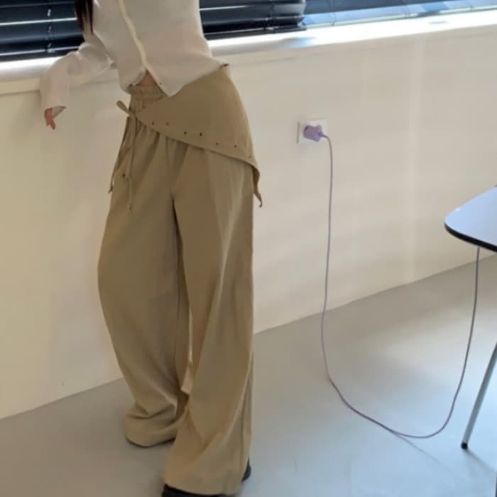 있음 선적 디자인 센스 탈착식 벨트 방귀 커튼 넓은 다리 캐주얼 바지 여성 긴 바지 2 세트 이미지 2