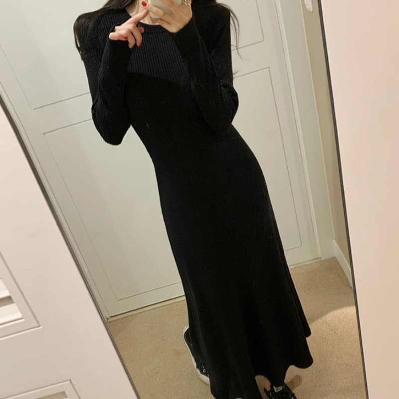 있음 선적 단색 라운드 넥 허리 수축 롱 코트 슬림해 보이는 드레스 복장 이미지 4
