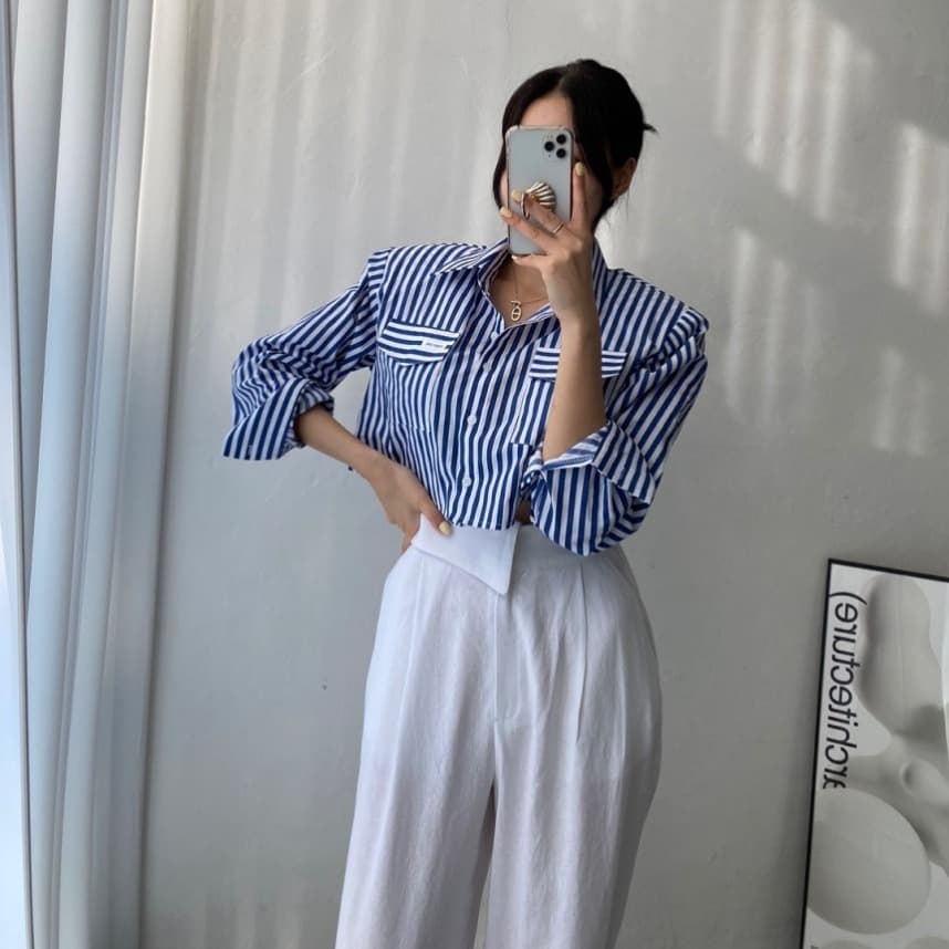 있음 선적 벨트 원본 어깨 패드 스트라이프 품격 셔츠 이미지 3