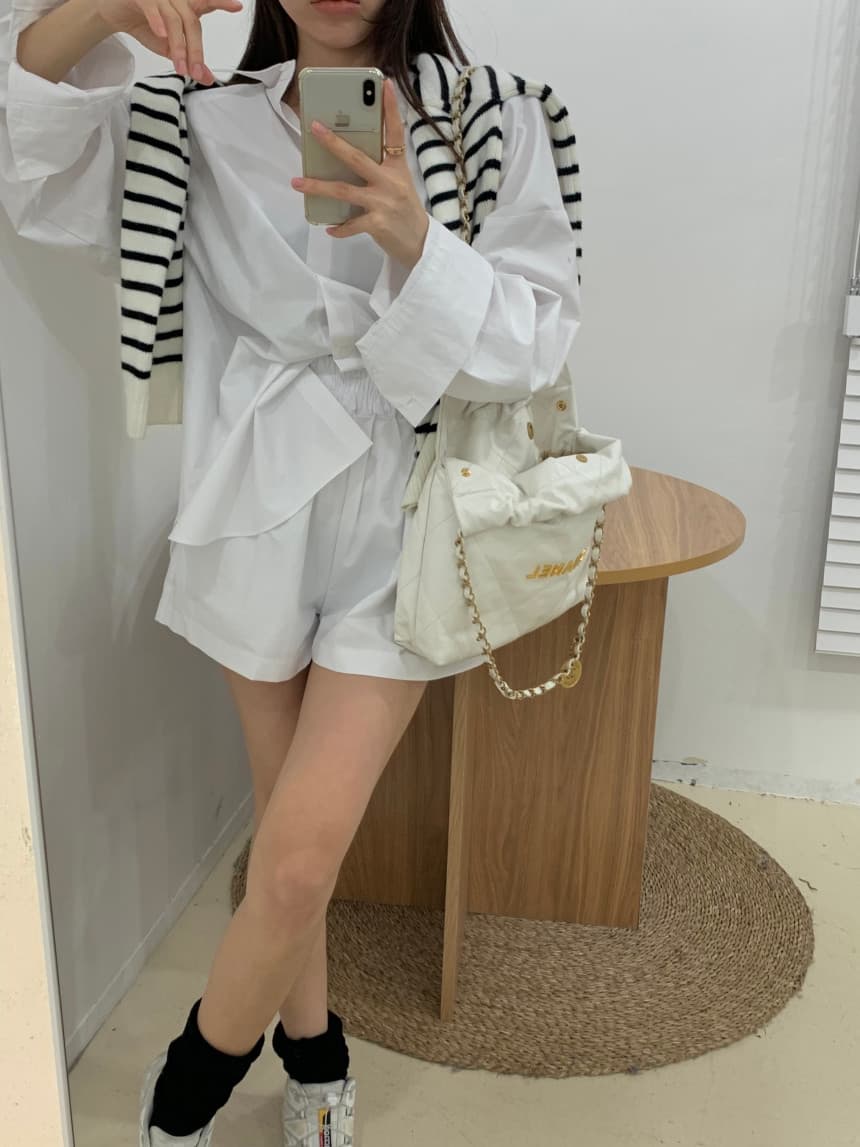 있음 선적 루즈핏 디자인 이후 홀로우 아웃 끈 긴팔 셔츠 넓은 다리가 짧다. 바지 세트 상세 이미지 4