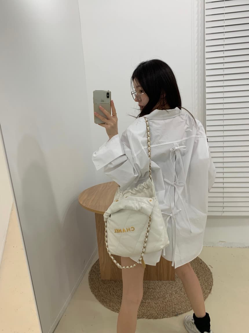 있음 선적 루즈핏 디자인 이후 홀로우 아웃 끈 긴팔 셔츠 넓은 다리가 짧다. 바지 세트 상세 이미지 7