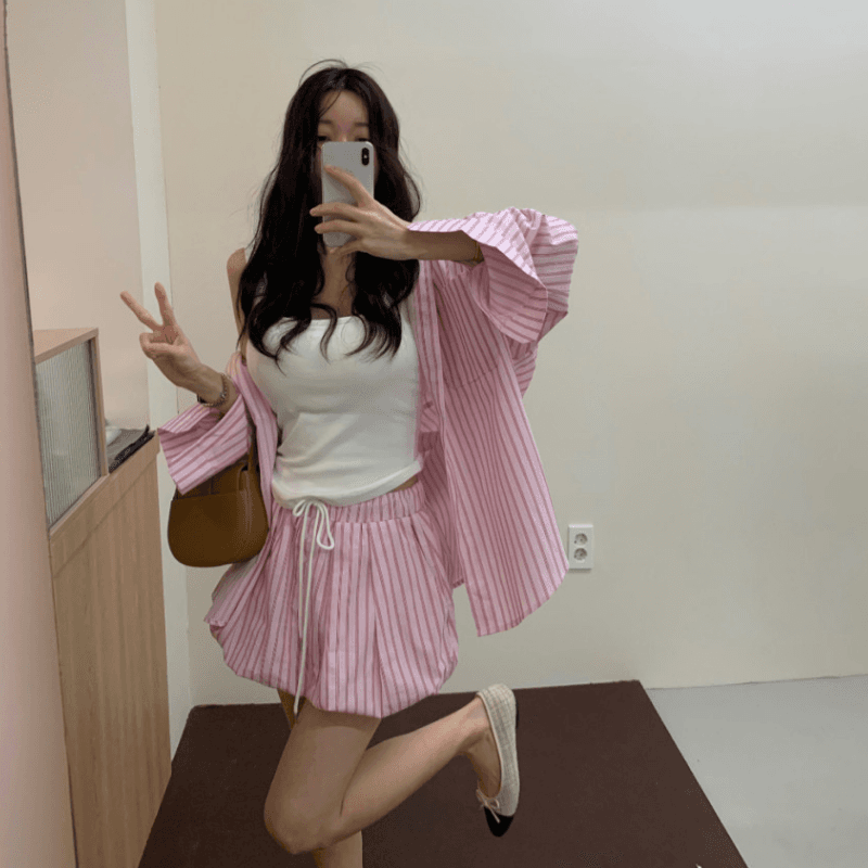 있음 선적 가을 프랑스식 스트라이프 긴팔 셔츠 허리밴드 반신 스커트 바지 2 세트 이미지 5
