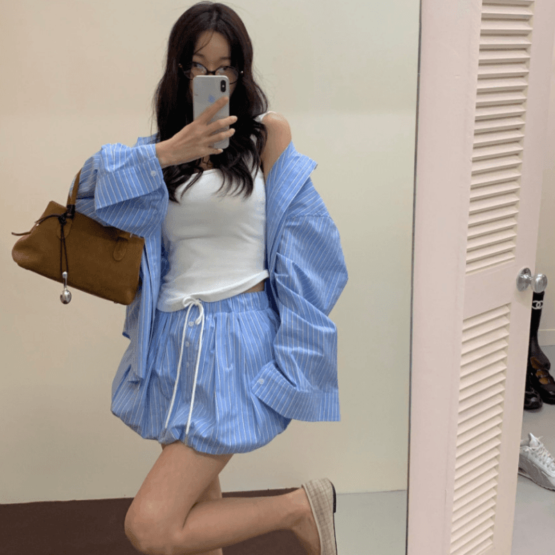 있음 선적 가을 프랑스식 스트라이프 긴팔 셔츠 허리밴드 반신 스커트 바지 2 세트 이미지 4