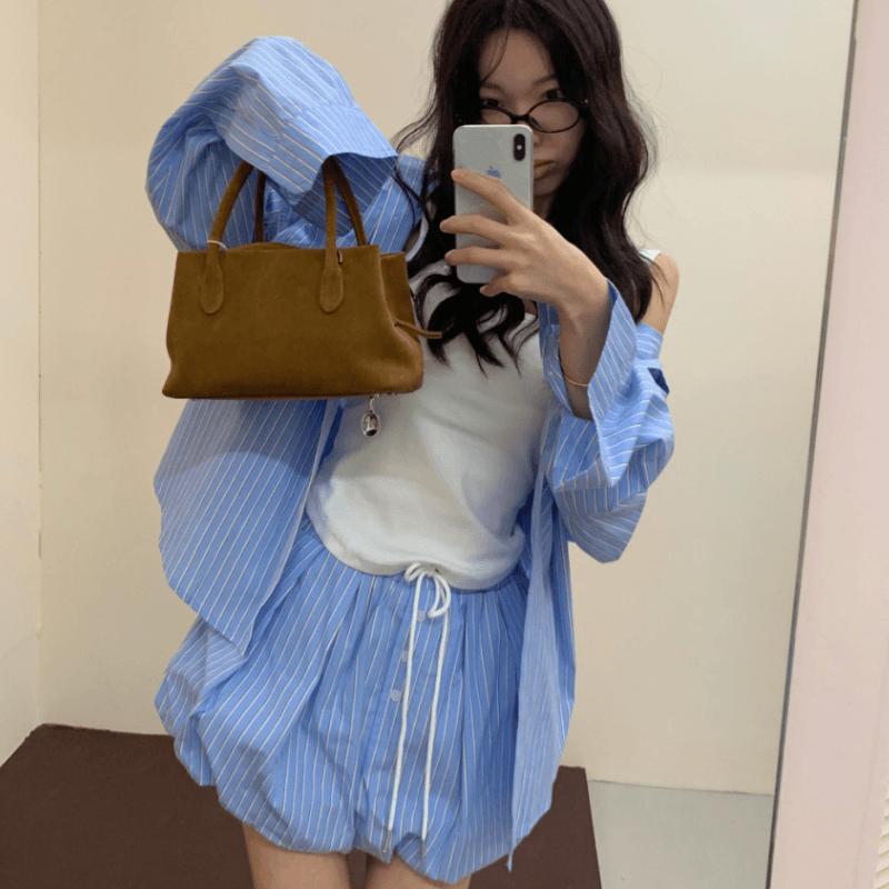 있음 선적 가을 프랑스식 스트라이프 긴팔 셔츠 허리밴드 반신 스커트 바지 2 세트 이미지 2