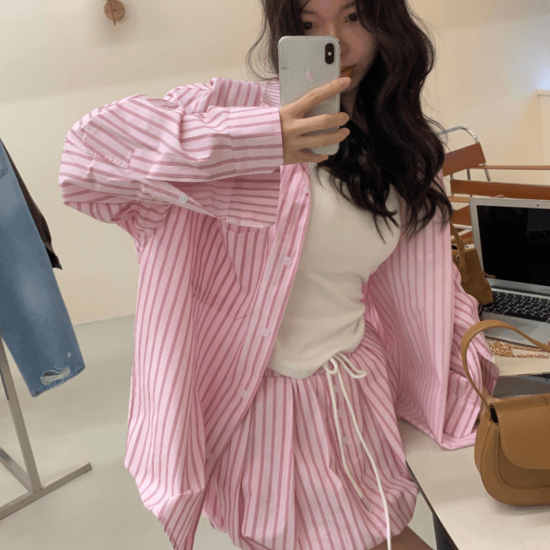 있음 선적 가을 프랑스식 스트라이프 긴팔 셔츠 허리밴드 반신 스커트 바지 2 세트