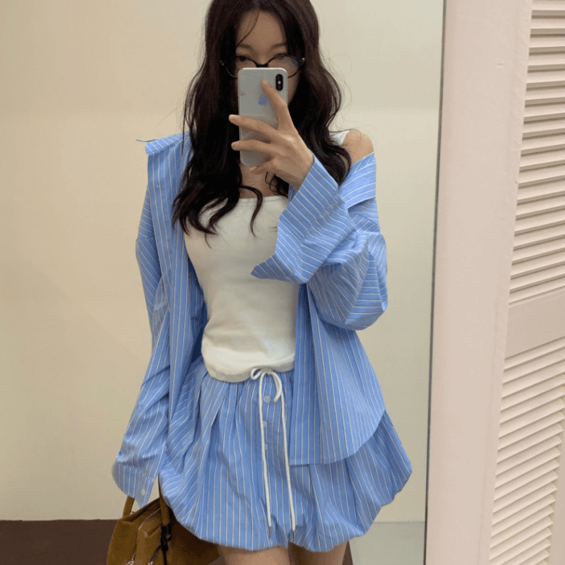 있음 선적 가을 프랑스식 스트라이프 긴팔 셔츠 허리밴드 반신 스커트 바지 2 세트 이미지 3