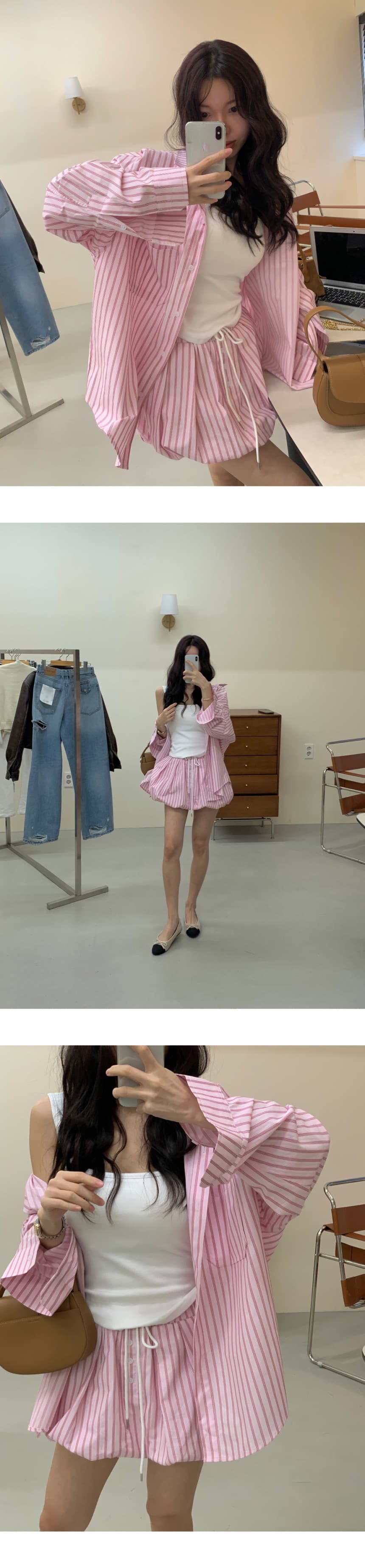 있음 선적 가을 프랑스식 스트라이프 긴팔 셔츠 허리밴드 반신 스커트 바지 2 세트 상세 이미지 1