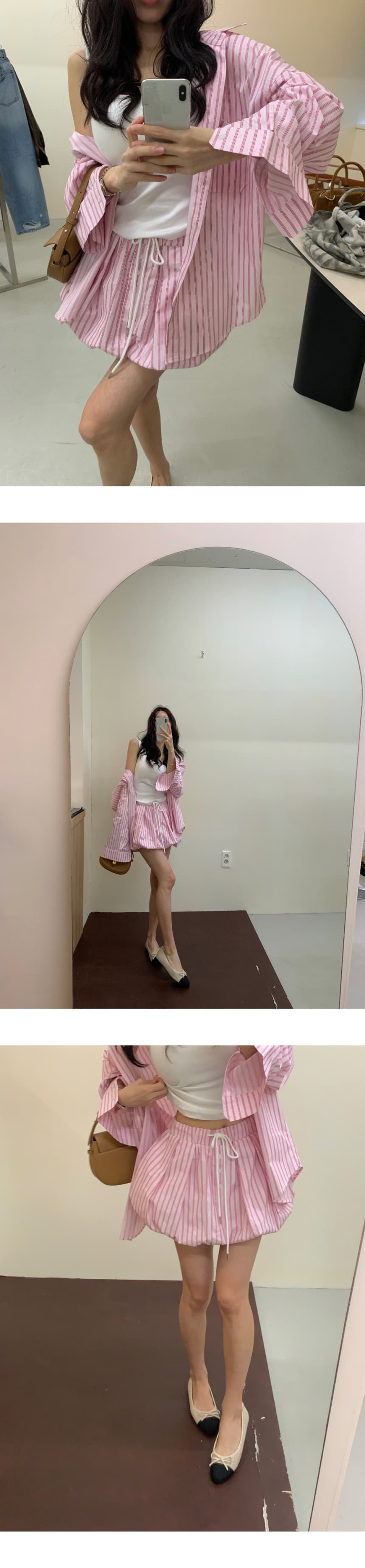 있음 선적 가을 프랑스식 스트라이프 긴팔 셔츠 허리밴드 반신 스커트 바지 2 세트 상세 이미지 2