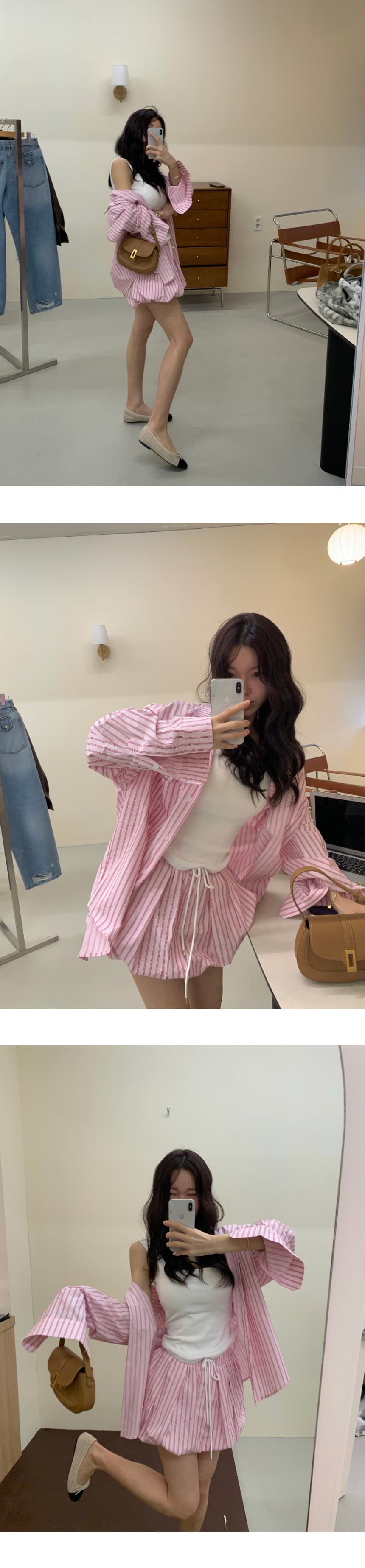 있음 선적 가을 프랑스식 스트라이프 긴팔 셔츠 허리밴드 반신 스커트 바지 2 세트 상세 이미지 4