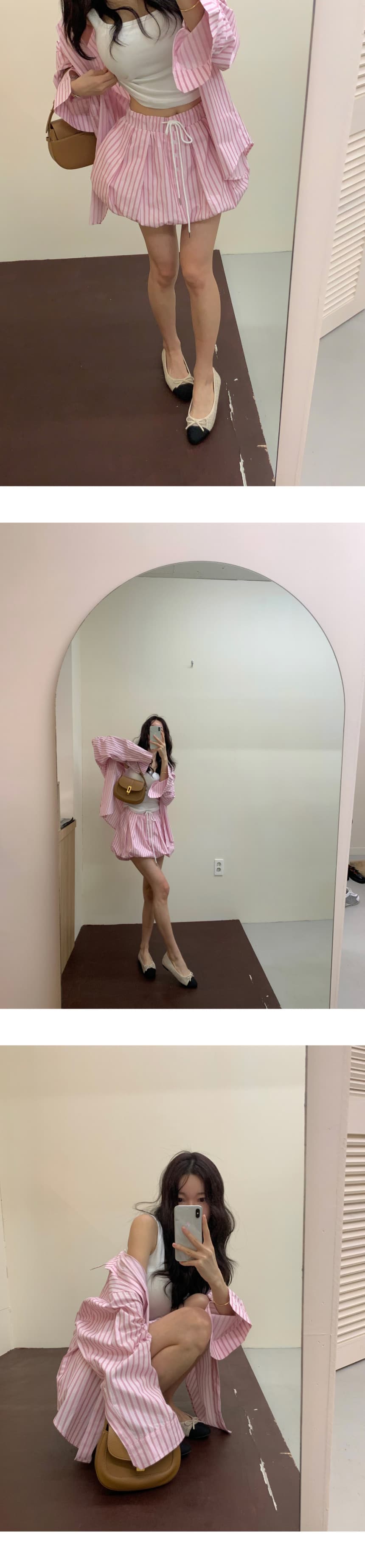 있음 선적 가을 프랑스식 스트라이프 긴팔 셔츠 허리밴드 반신 스커트 바지 2 세트 상세 이미지 5
