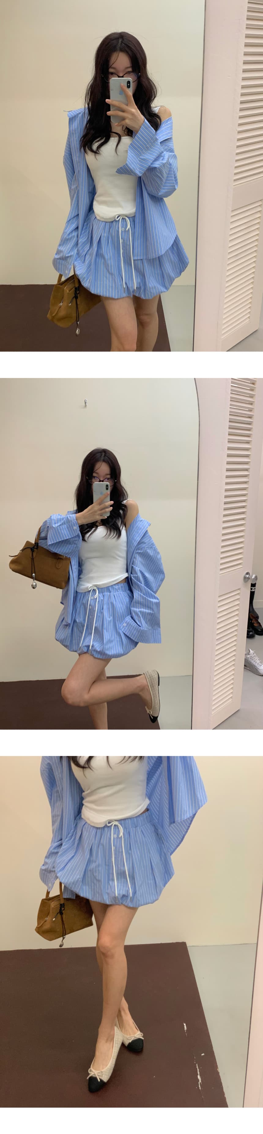 있음 선적 가을 프랑스식 스트라이프 긴팔 셔츠 허리밴드 반신 스커트 바지 2 세트 상세 이미지 6