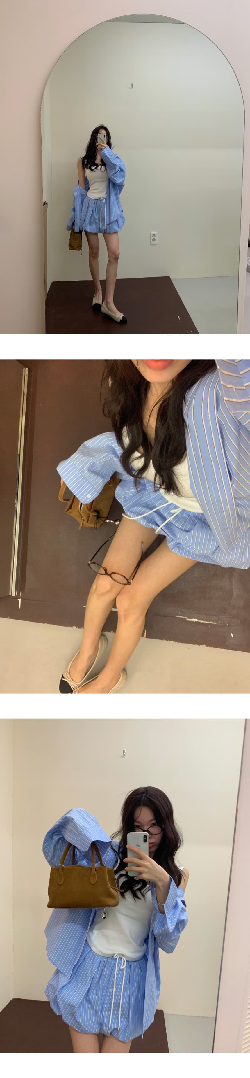 있음 선적 가을 프랑스식 스트라이프 긴팔 셔츠 허리밴드 반신 스커트 바지 2 세트 상세 이미지 7