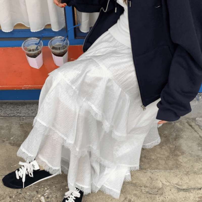 있음 선적 새로운 레이스 레이스 케이크 반신 스커트 하이웨이스트 표지 십자가 한 마디 우산 치마 이미지 3