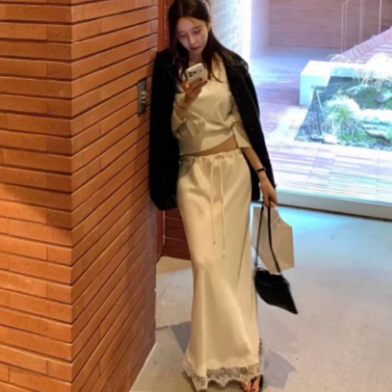 있음 선적 새로운 프랑스식 우유 실크 미끄러짐 레이스 조각 레이스업 반신 스커트 이미지 2
