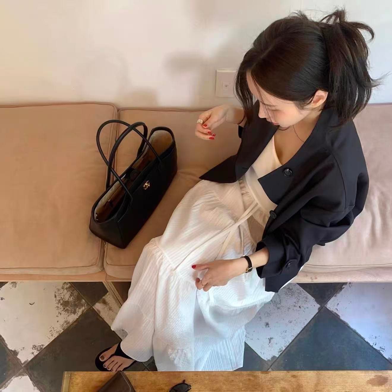 있음 선적 허리밴드 펌프 로프 단색 다용도 신선함 반신 중간 길이 스커트 상세 이미지 2