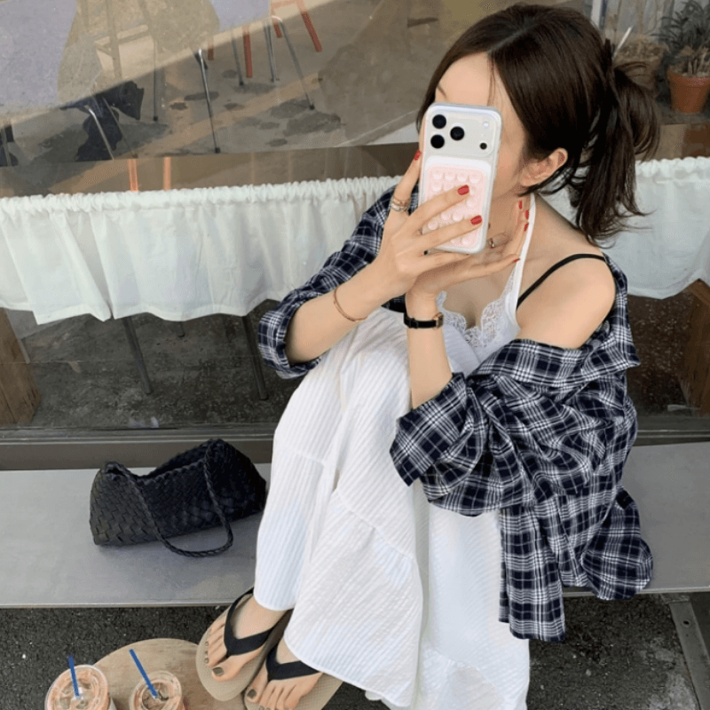 있음 선적 패션 폴로 칼라 싱글 줄 버튼 패치워크 색상 체크무늬 긴팔 셔츠 이미지 4