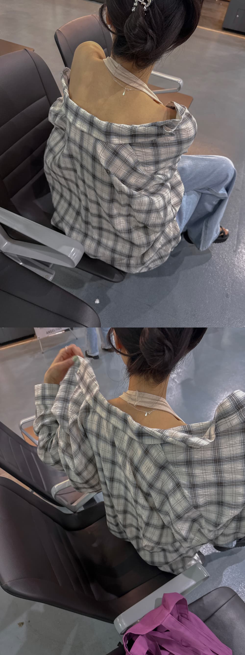있음 선적 새로운 레트로 격자 무늬 셔츠 슬림해 보이는 루즈핏 체크무늬 배색 얇은 코트 상세 이미지 6